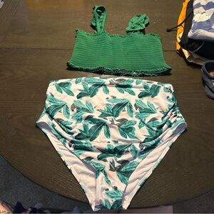 Green Bikini Top and Leaf Print Bottoms MATERNITY